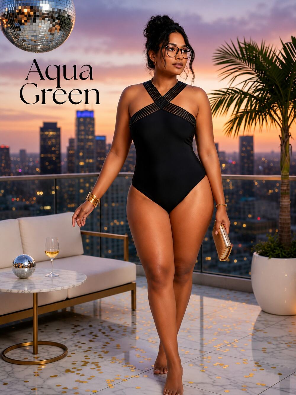 Aqua Green Black One-Piece Swimsuit Strappy Mesh Neckline Women's Large